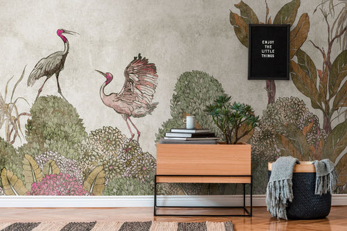 One Wall one Role fotobehang vogel groen, bruin, grijs, roze en beige - 371 x 280 cm - AS-382341