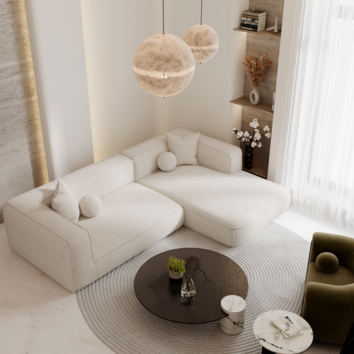 Premium Interiors - Rechthoekige hoekbank SOFIA - bouclette crème 255cm