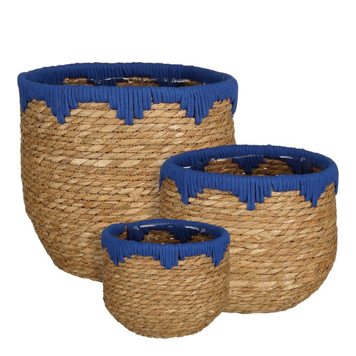 Mica Decorations  Jorck Plantenmand - Set van 3 - H24 x Ø26 cm - Zeegras - Blauw, Bruin