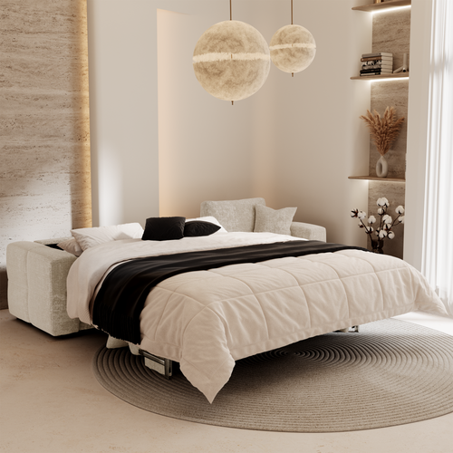 Premium Interiors - Rechthoekige hoekbank met snelle slaapfunctie VIBE - gewaafd fluweel crème 286cm