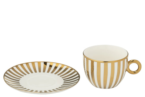 J-Line kopje + schoteltje Gestreept - porselein - goud/wit - large - doos van 2