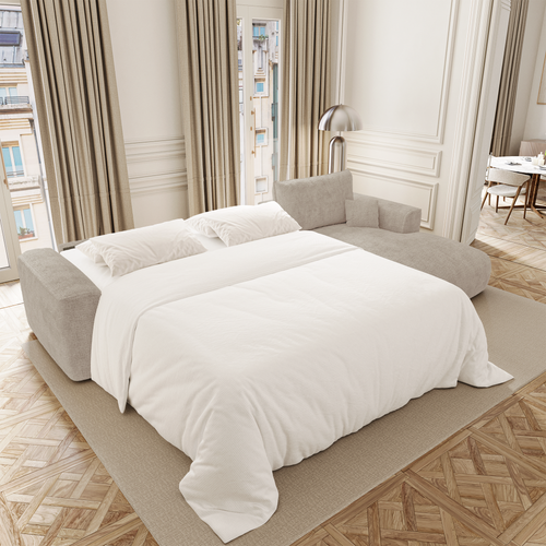 Premium Interiors - Rechthoekige hoekbank met snelle slaapfunctie COMO - weefsel met ruitpatroon, voelt zacht aan beige 300cm