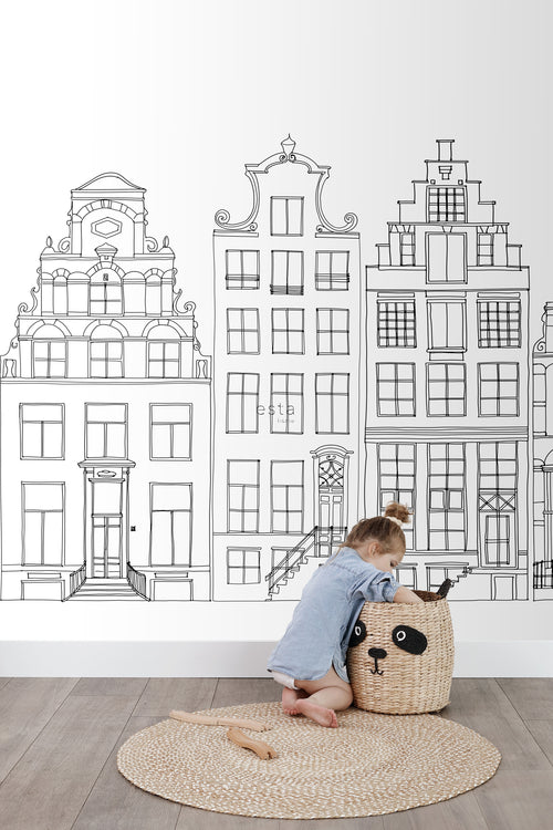 ESTAhome fotobehang getekende Amsterdamse grachtenhuisjes zwart en wit - 300 x 279 cm - 159103 - vtwonen shop