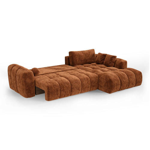 Premium Interiors - Rechthoekige hoekbank met slaapfunctie en opbergruimte SKY - gewaafd fluweel terracotta 310cm