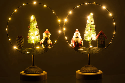 J-Line decoratie Cirkel Op Voet + Kerstman/Sneeuwman - hout/metaal - 2 stuks - LED lichtjes - vtwonen shop