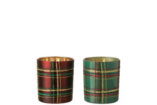 J-Line theelichthouder Geruit - glas - rood/groen - large - 2 stuks - vtwonen shop