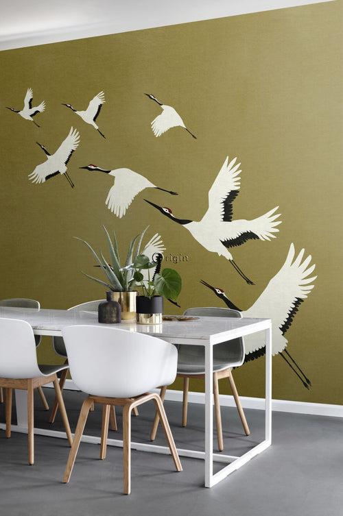 Origin Wallcoverings fotobehang kraanvogels okergeel - 300 x 300 cm - 357236 - vtwonen shop