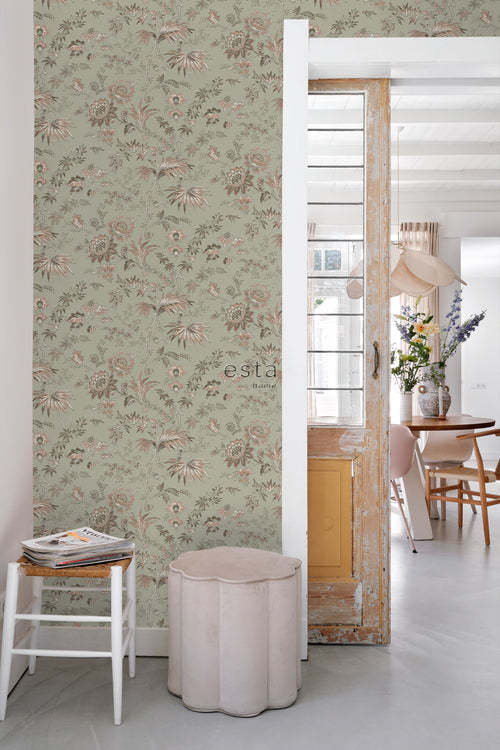 ESTAhome behang vintage bloemen vergrijsd mintgroen en zacht roze - 53 cm x 10.05 m - 139297