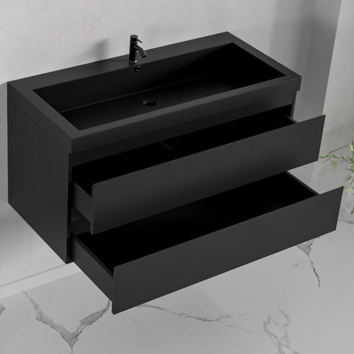 LOMAZOO badmeubelset Avalon - met hoge kast & zwarte wastafel - mat zwart - 100 cm