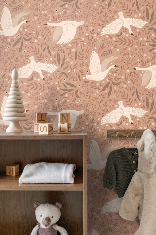 ESTAhome behang zwanen donker terracotta roze - 50 x 900 cm - 131857