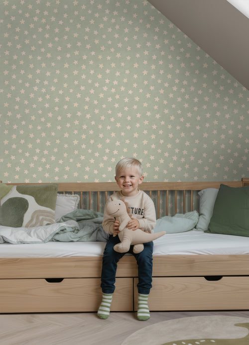 ESTAhome behang sterretjes groen en beige - 50 x 900 cm - 131709