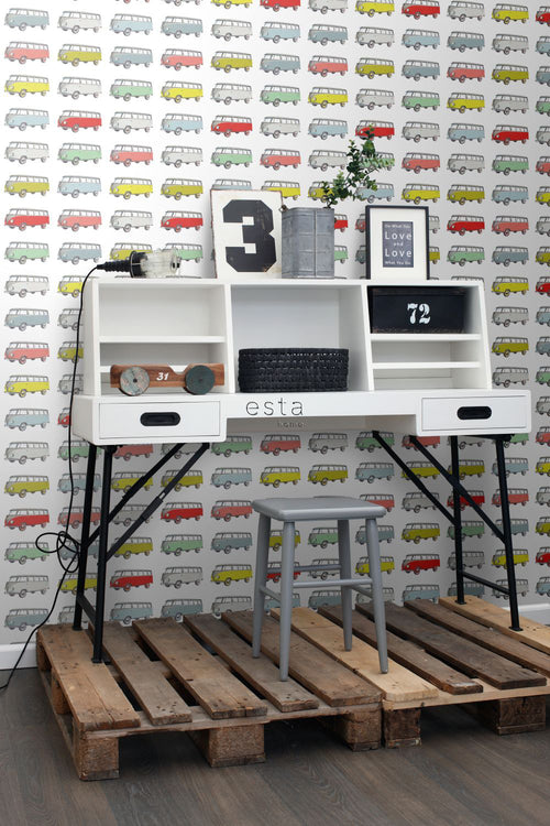 ESTAhome XXL behang vintage transporters geel, blauw, grijs, rood en groen - 50 x 900 cm - 158713 - vtwonen shop