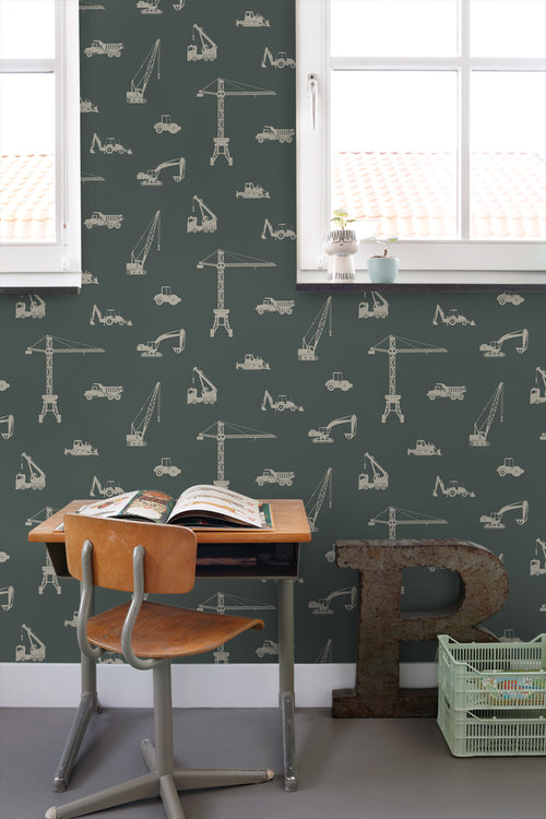 ESTAhome behang voertuigen vergrijsd zeegroen - 53 cm x 10.05 m - 139974