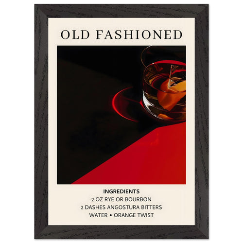 Artfulprints Poster met Lijst Old Fashioned cocktail - Ingrediënten   - A4 21x29.7 cm - Zwart