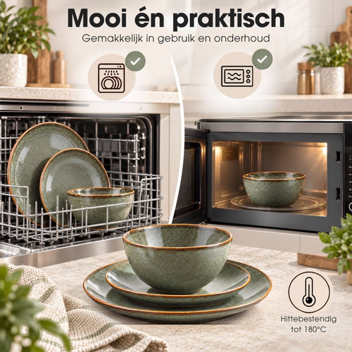 Mica Decorations Tabo Serviesset 16-Delig Groen - Keramische Borden voor 4 Personen - Complete Set met Mokken en Schaaltjes - Handgemaakt Botanisch