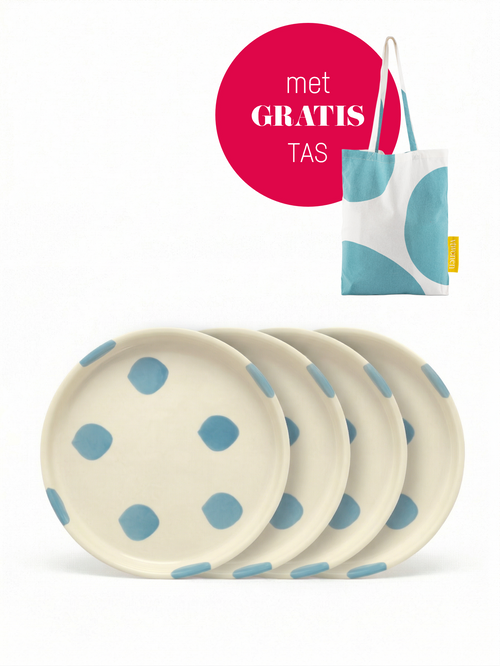 vtwonen - Gebaksbord - Stippen - Blauw - Keramiek - 13cm - Set van 4