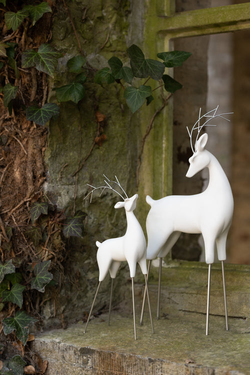 J-Line figuur Rendier - polyresin - wit/zilver - small - 2 stuks