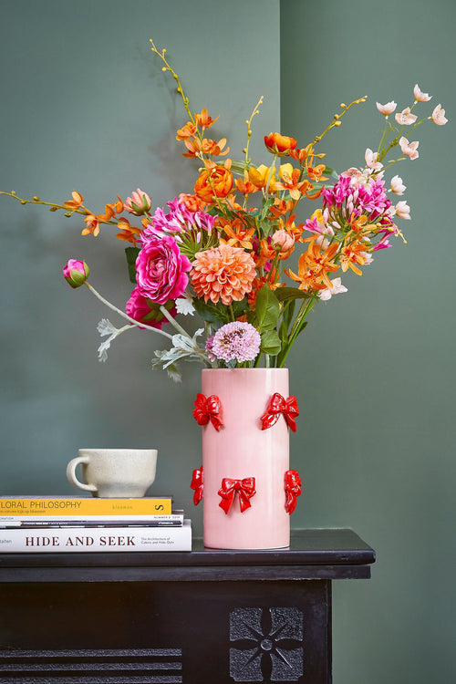 Mica Decorations Vaas met Strikjes - H26 x Ø17 cm - Dolomiet - Rood, Lichtroze - vtwonen shop