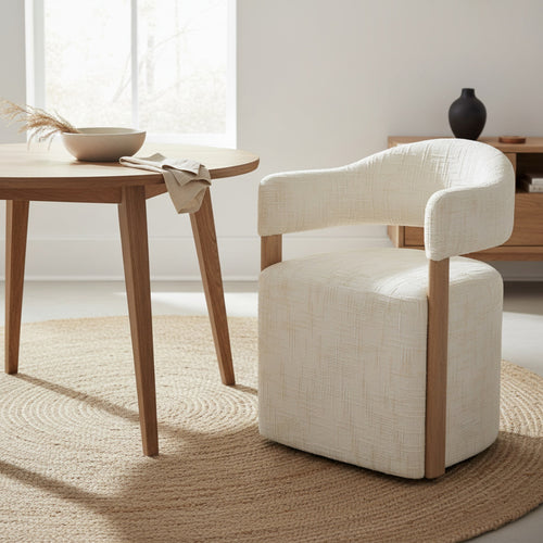 DÉJA Living Eetkamerstoel Niva - Beige/Walnoot Stof - Met Wielen - Set van 2