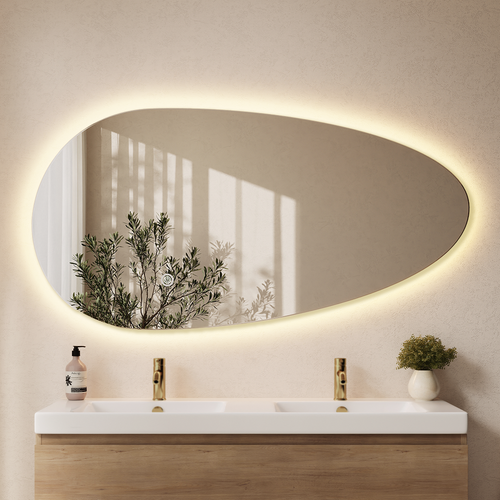 LOMAZOO badkamerspiegel Adana - organisch - met LED verlichting & spiegelverwarming - asymmetrisch - 140 x 71 cm