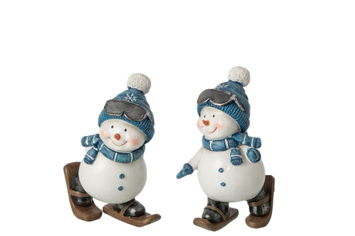 J-Line figuur Sneeuwman Wandelend - polyresin - blauw/wit - 2 stuks