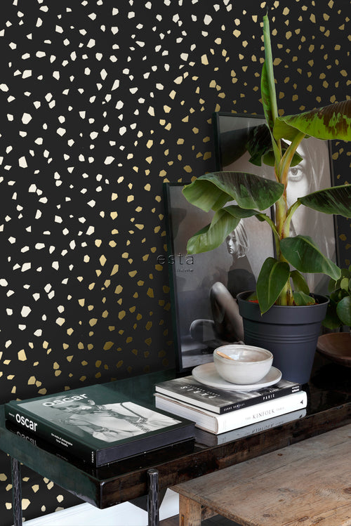 ESTAhome behang terrazzo zwart en goud - 53 cm x 10.05 m - 139134