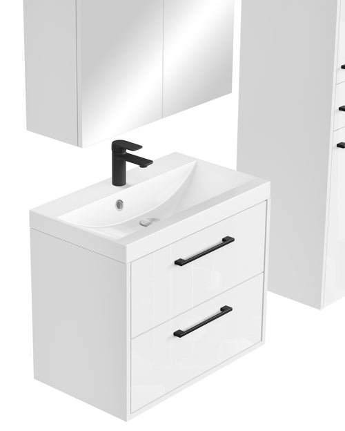 Badplaats Badkamermeubel Set Florence 60 cm – Hoogglans Wit – Hangend Badmeubel met Wastafel, Spiegelkast en Zijkast