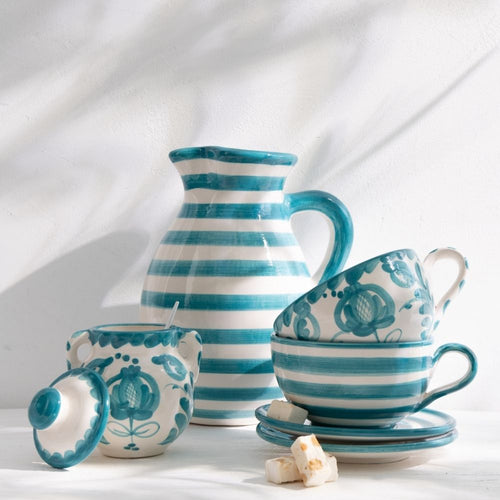 J-Line kopje + schoteltje Granada Stripes - keramiek - wit/aqua - vtwonen shop