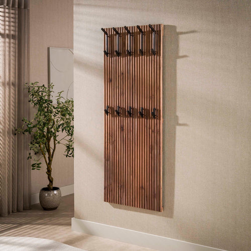 Giga Meubel Kapstok Panel Hoog Bruin – Massief Acaciahout – 10 Haken – 63x13x160 cm