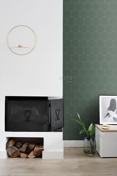 ESTAhome behang hexagon donkergroen en goud - 53 cm x 10.05 m - 139228
