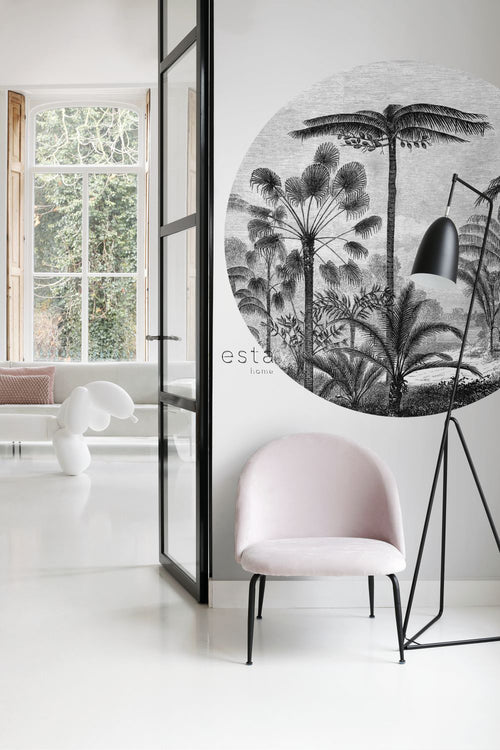 ESTAhome zelfklevende behangcirkel tropisch landschap met palmbomen zwart wit - Ø 140 cm - 159006 - vtwonen shop