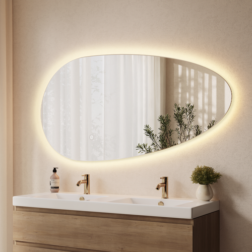 LOMAZOO badkamerspiegel Adana - organisch - met LED verlichting & spiegelverwarming - asymmetrisch - 140 x 71 cm