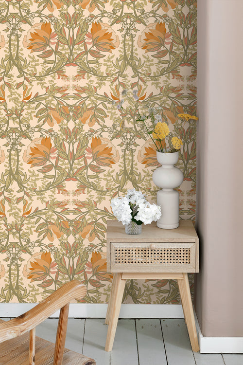 ESTAhome behang vintage bloemen in art nouveau stijl groen, oranje en beige - 50 x 900 cm - 131697