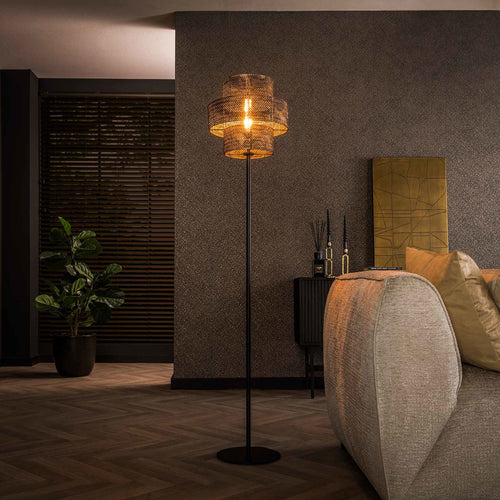 Giga Meubel Vloerlamp Lantern - Zwart/Bruin - 1-Lichts - 35x35x165cm