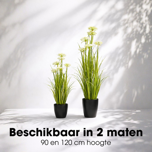 Mica Decorations Engelwortel – Kunstgras in Pot – Realistische Nepplant Woondecoratie – Kunstplanten voor Binnen en Buiten – H90 x Ø25 cm – Groen, Wit