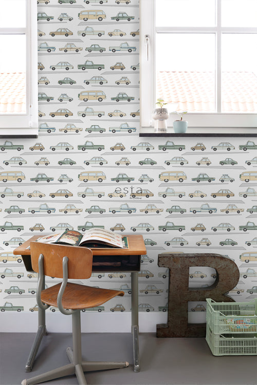 ESTAhome behang auto's vergrijsd groen, grijs en beige - 50 x 900 cm - 139537