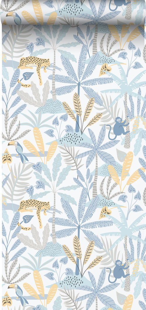Sanders & Sanders behang jungle dieren blauw, grijs en geel - 53 cm x 10.05 m - 640631