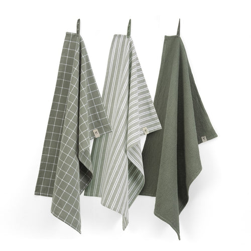 Walra - Keukenset Dry w. Cubes Uni, Stripes & Blocks - 3x 50x70 cm - Legergroen