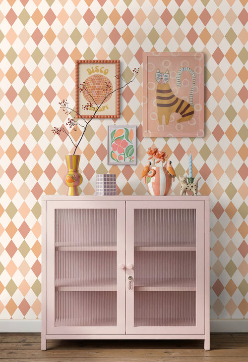 ESTAhome behang ruitjes roze, terracotta en groen - 50 x 900 cm - 131763