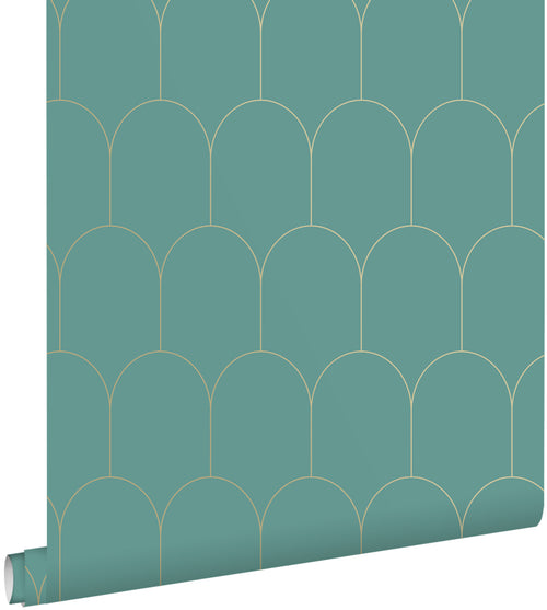 ESTAhome behang art deco motief zeegroen en goud - 53 cm x 10.05 m - 139204