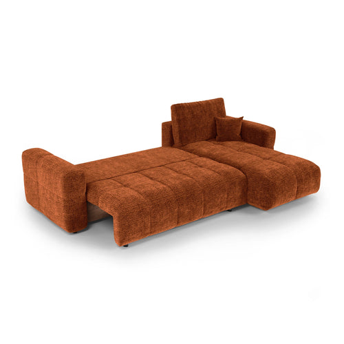 Premium Interiors - Rechthoekige hoekbank met slaapfunctie en opbergruimte VIBE - zacht aanvoelende geweven stof terracotta 286cm