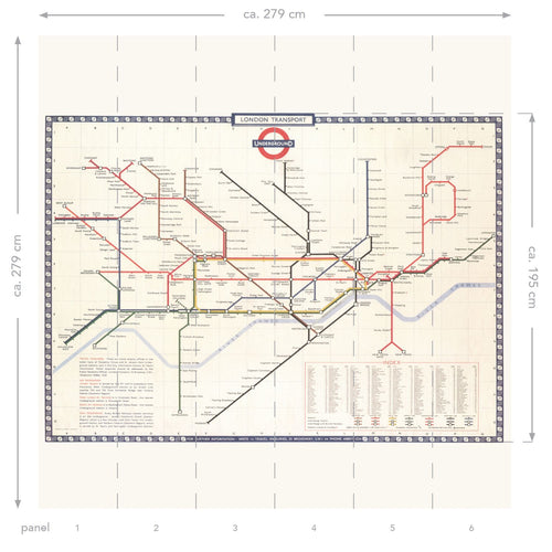 ESTAhome fotobehang metro plattegrond van Londen beige, rood en blauw - 279 x 279 cm - 158209 - vtwonen shop