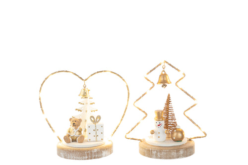 J-Line kerstdecoratie Beer + Sneeuwman Boom + Hart - hout - wit/goud - 2 stuks - LED lichtjes - vtwonen shop