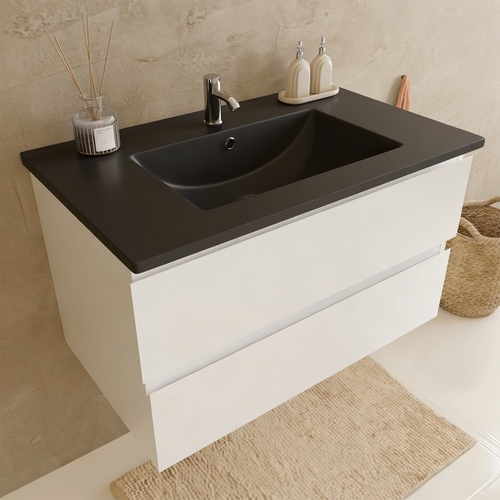 LOMAZOO badmeubelset Verona - met kolomkast & zwarte wastafel - glanzend wit - 80 cm