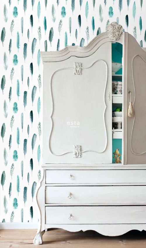 ESTAhome behang veren turquoise en mat wit - 53 cm x 10.05 m - 138895