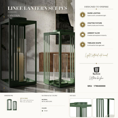 Set van 2 groene metalen lantaarns 18x18x43,5 - 15x15x36,5 cm