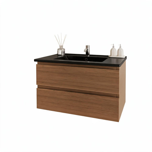 LOMAZOO badkamermeubel Marenza - zwevend - zwart keramiek - warm eiken - 80 cm