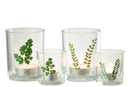 J-Line windlicht Bladeren - glas - groen/transparant - 2 stuks