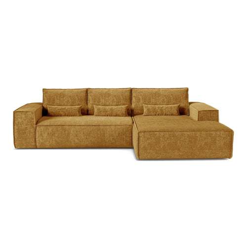 Premium Interiors - Rechthoekige hoekbank met snelle slaapfunctie JUNE - gewaafd fluweel mosterd 320cm