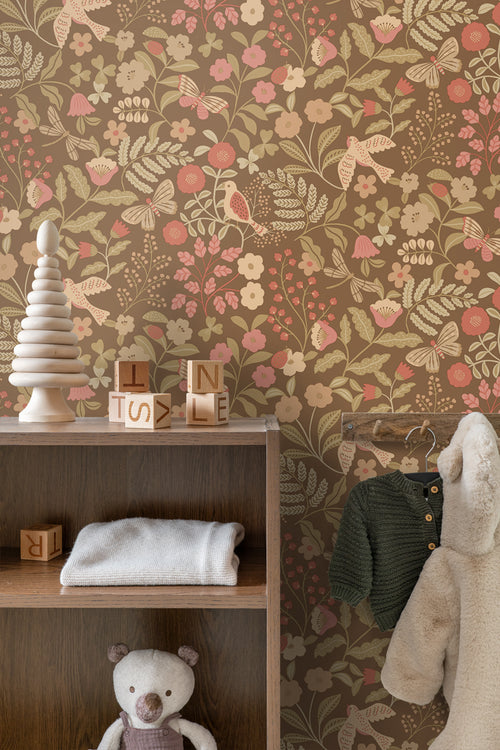 ESTAhome behang bloemen en vogels vergrijsd groen en roze - 50 x 900 cm - 131468 - vtwonen shop